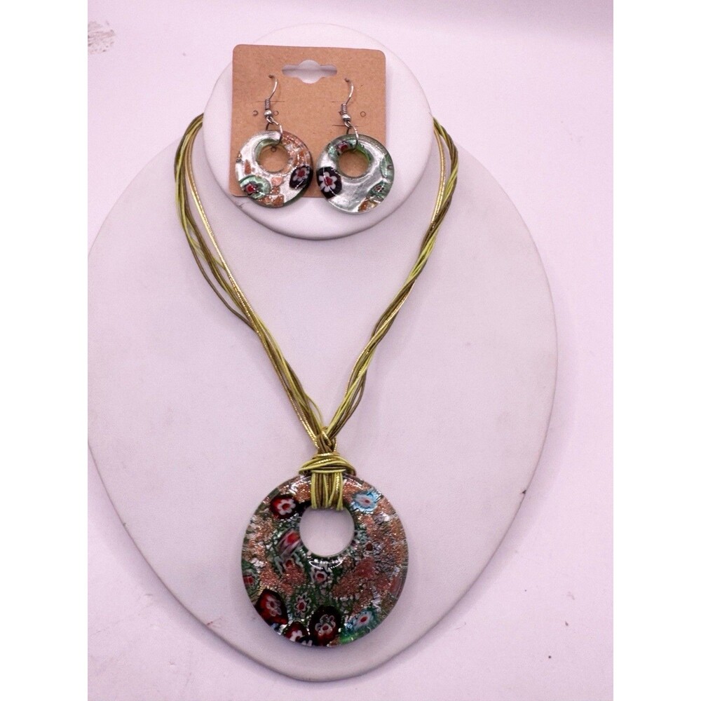 Millefiori Glass Pendant Necklace With Matching Earrings Set Green Red Blue